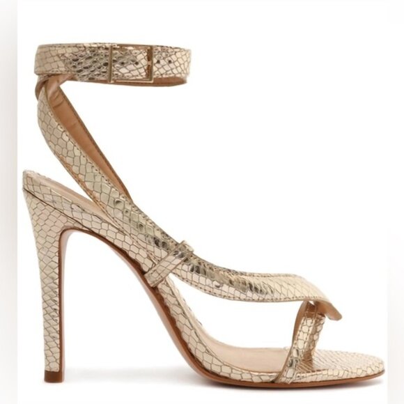NWT Schultz COURTNEY Metallic Gold Leather snake print peep shoes heels pumps 7B - Picture 2 of 9